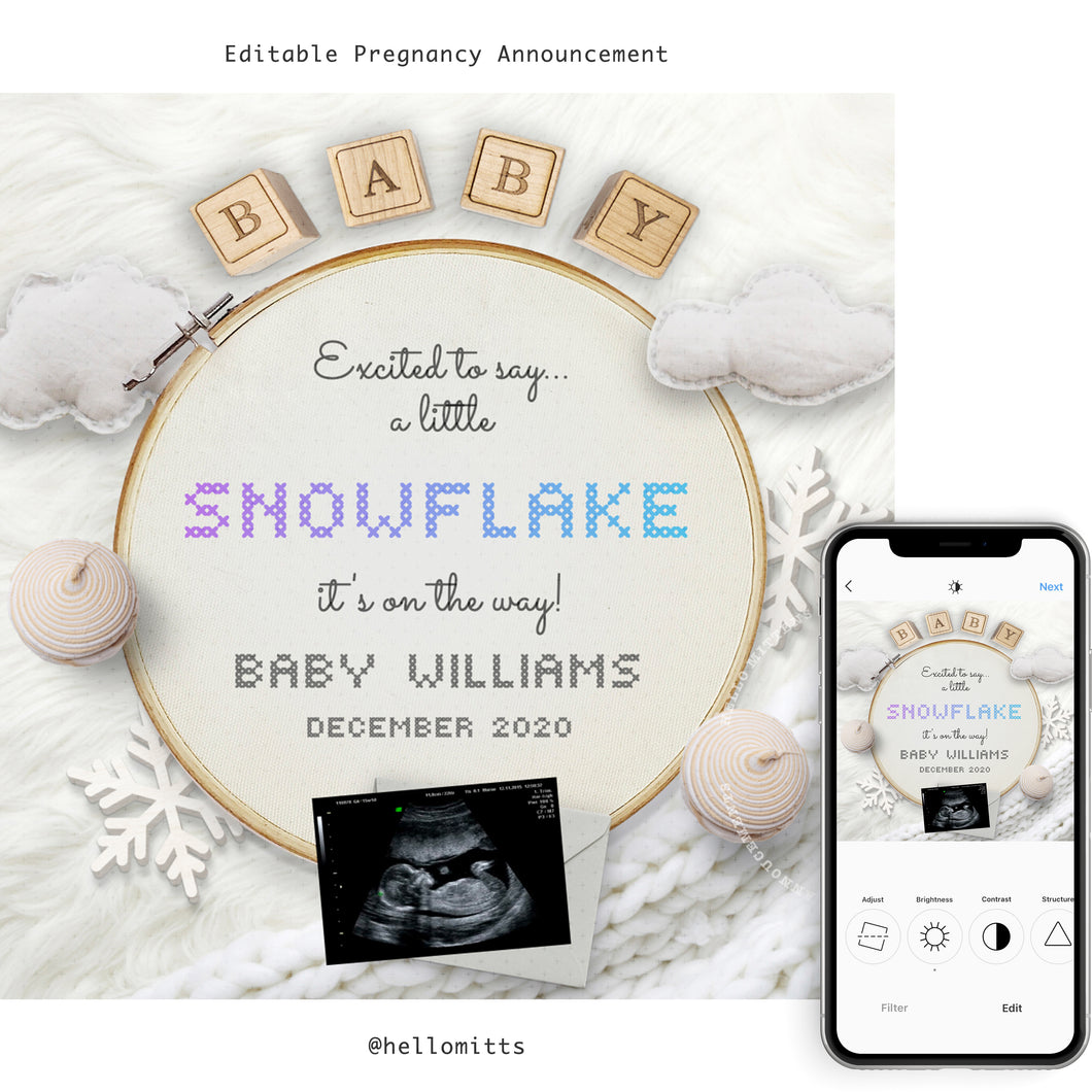 Winter baby, Editable pregnancy announcement, Template DIY December Christmas Baby announce or Gender reveal for social media.