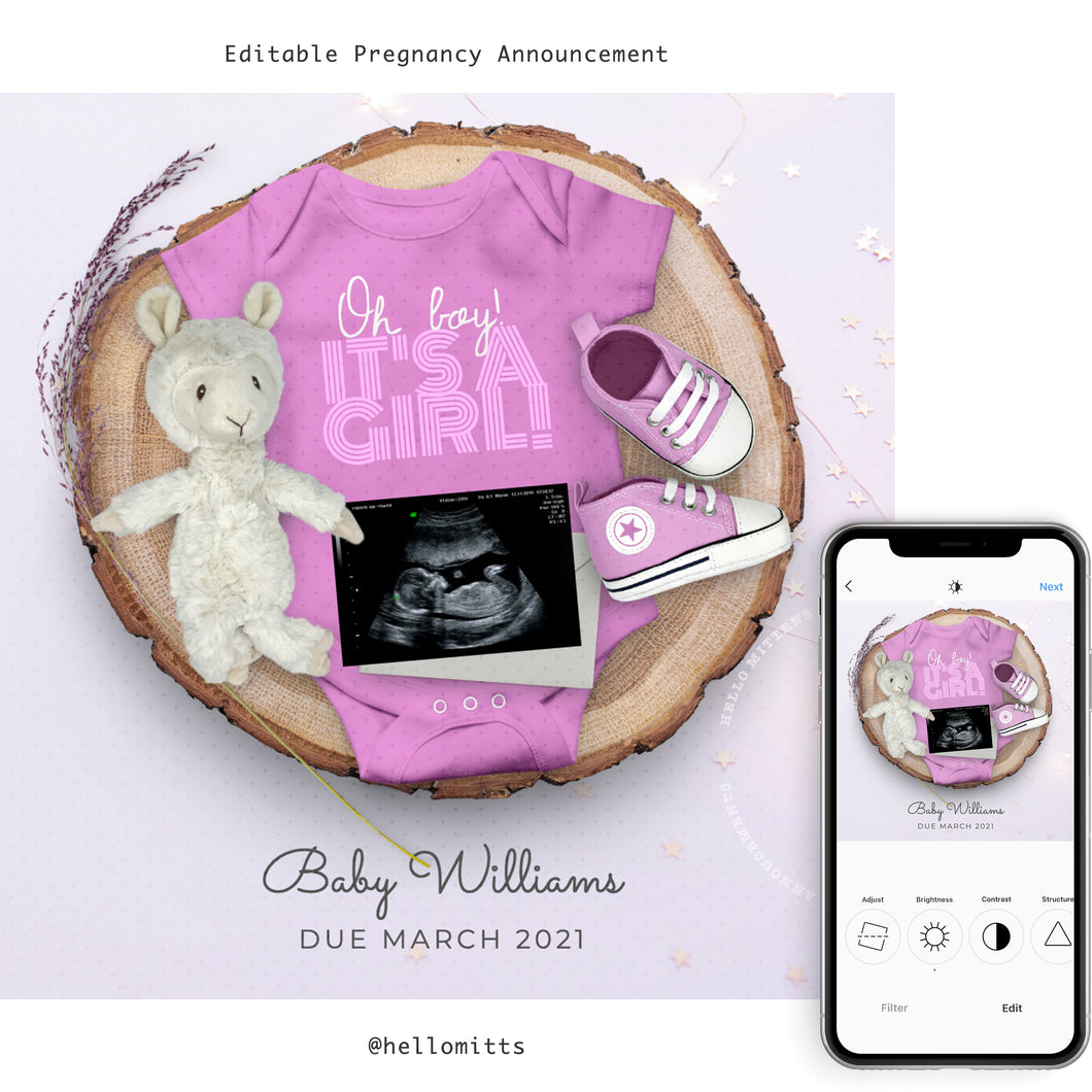 It's a Girl, Gender Reveal Editable pregnancy announcement, Template DIY baby announce for social media.