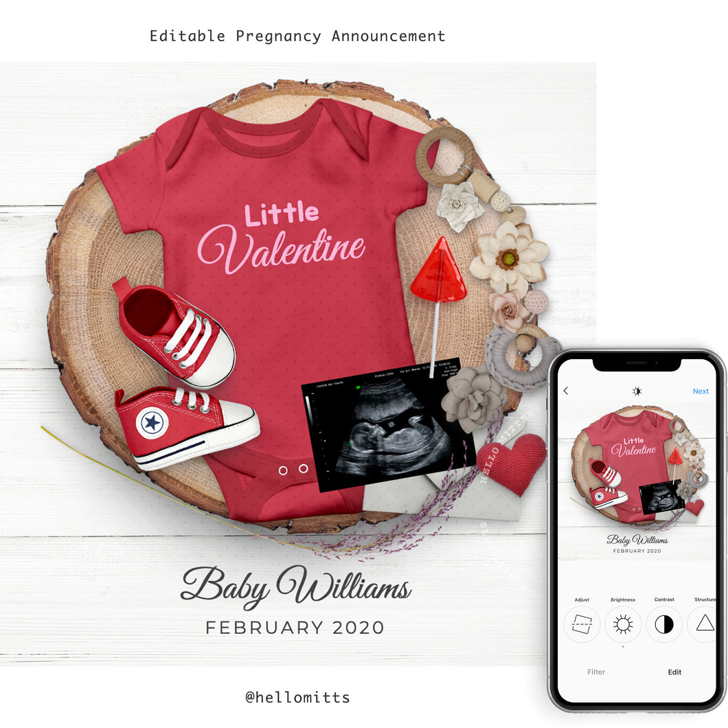 Valentine Baby, Editable pregnancy announcement, Template DIY baby announce or Gender reveal for social media.