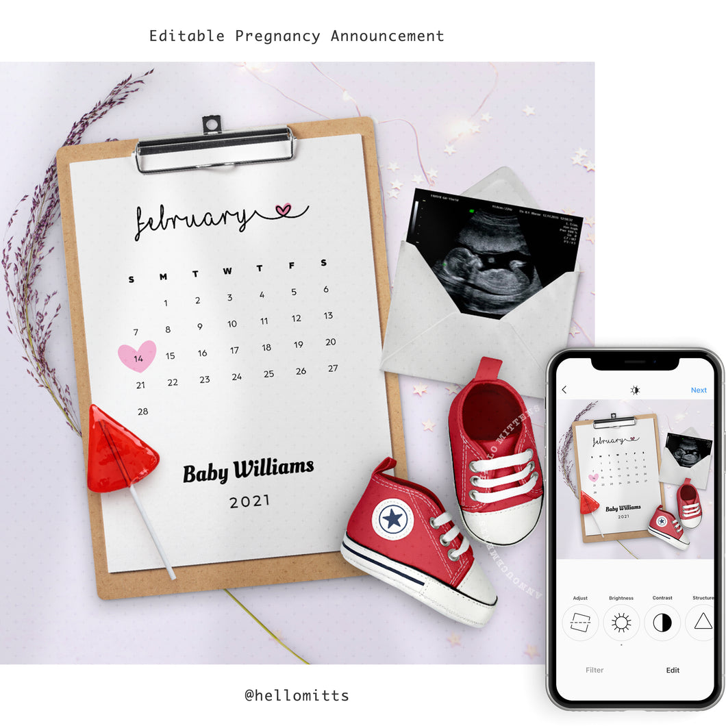 Due Date Calendar (any month), Editable pregnancy announcement, Template DIY February Baby announce or Gender reveal for social media.