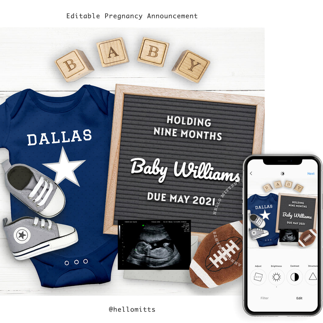 Football Fan, Sports Editable pregnancy announcement, Template DIY baby announce for social media.