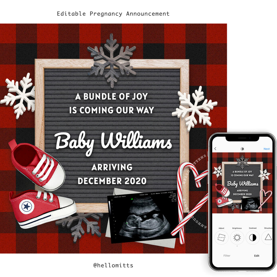 Buffalo Plaid, Winter Editable pregnancy announcement, Template DIY Christmas baby announce or Gender reveal for social media.