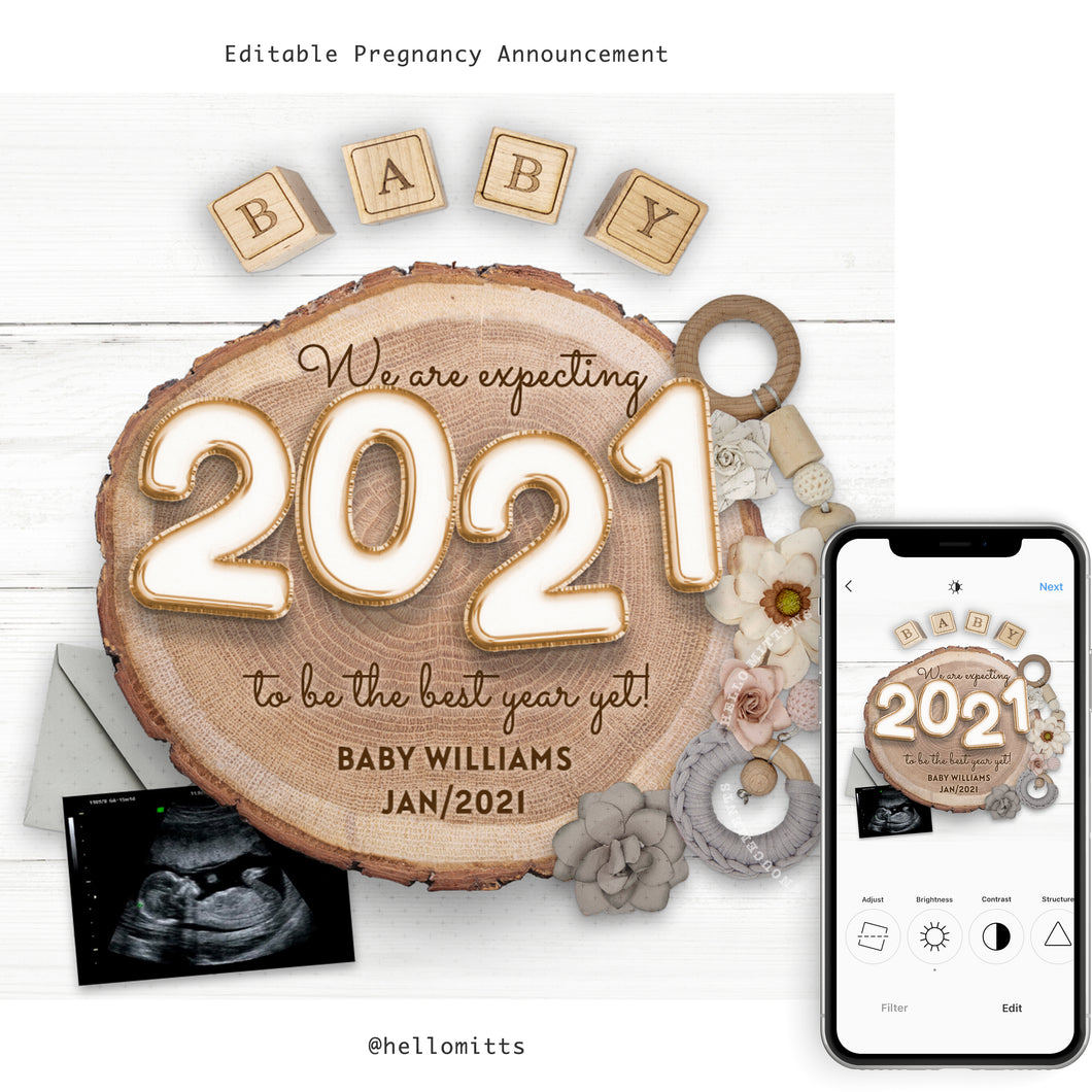 New year... New baby, Editable pregnancy announcement, Template DIY baby announce or Gender reveal for social media.