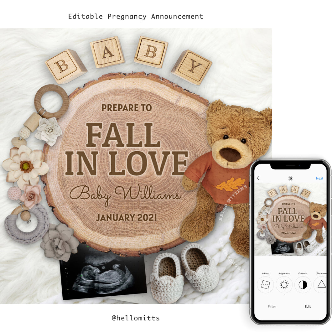 Fall baby, Editable pregnancy announcement, Template DIY baby announce or Gender reveal for social media.