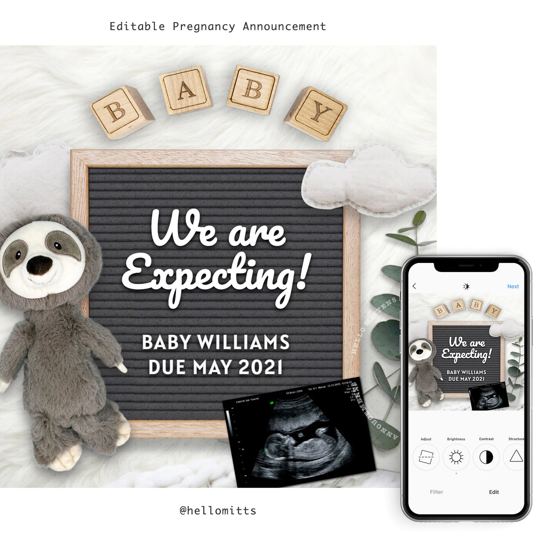 Editable pregnancy announcement, Template DIY baby announce or Gender reveal for social media.