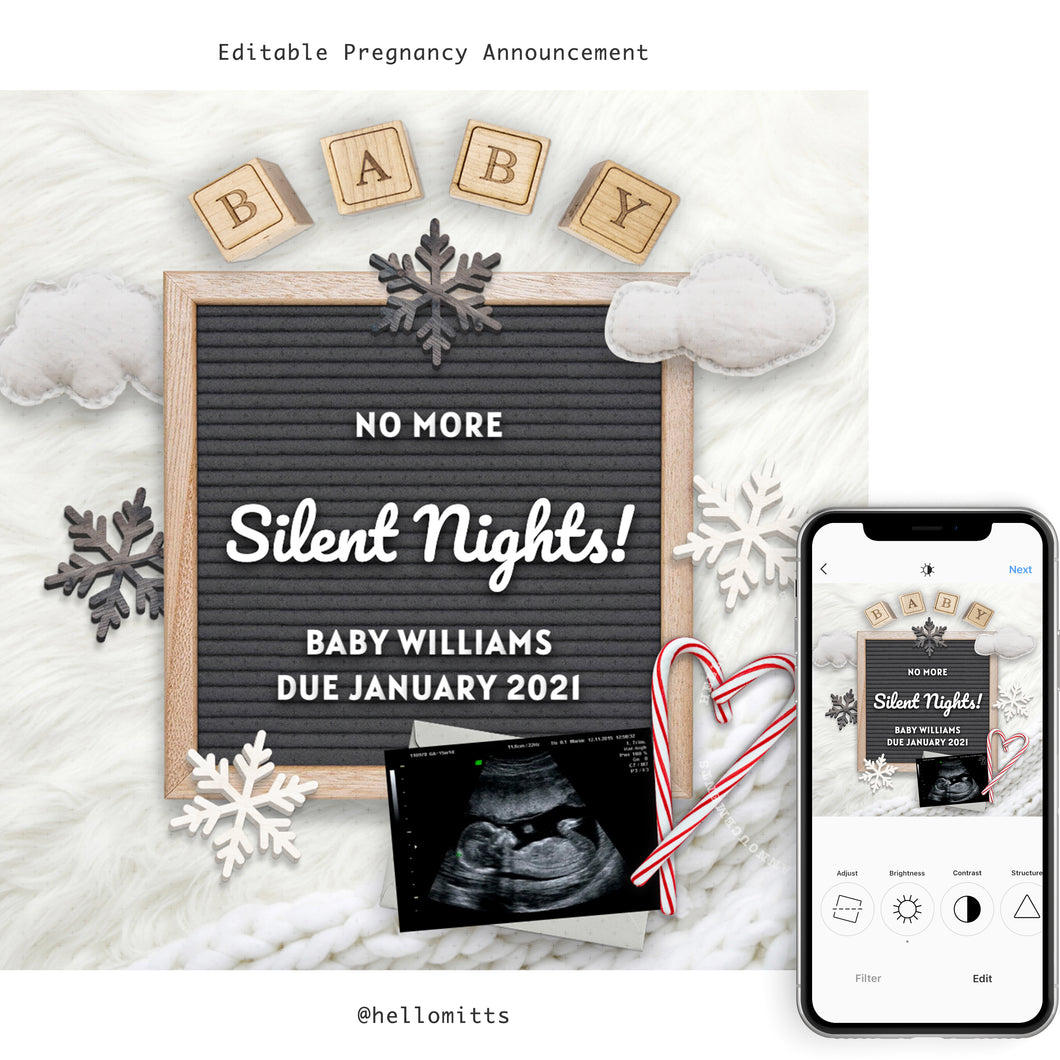 Winter Editable pregnancy announcement, Template DIY Christmas baby announce or Gender reveal for social media.