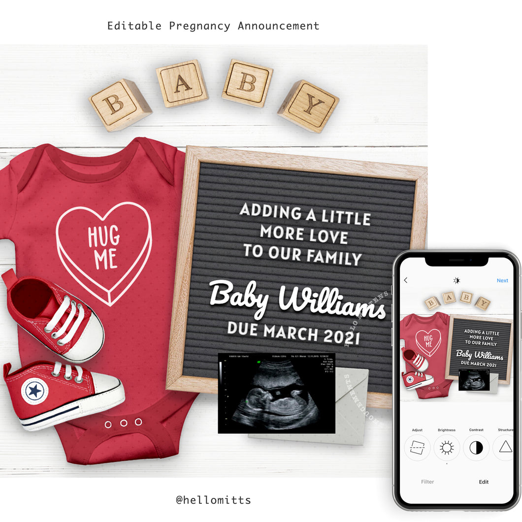Valentine baby, Editable pregnancy announcement, Template DIY February Baby announce or Gender reveal for social media.