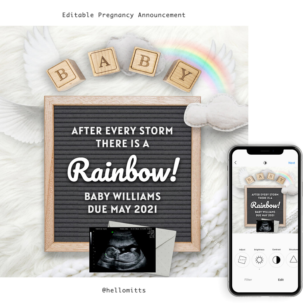 Rainbow baby, Editable pregnancy announcement, Template DIY baby announce or Gender reveal for social media.