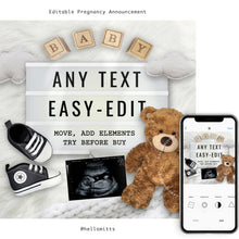 Load image into Gallery viewer, Lightbox and Teddy, All is editable pregnancy announcement, Template DIY baby announce or Gender reveal for social media.
