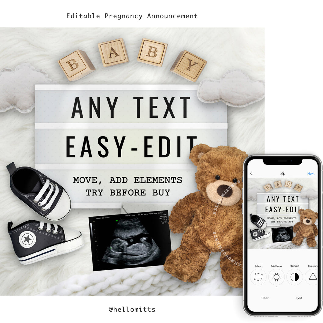 Lightbox and Teddy, All is editable pregnancy announcement, Template DIY baby announce or Gender reveal for social media.