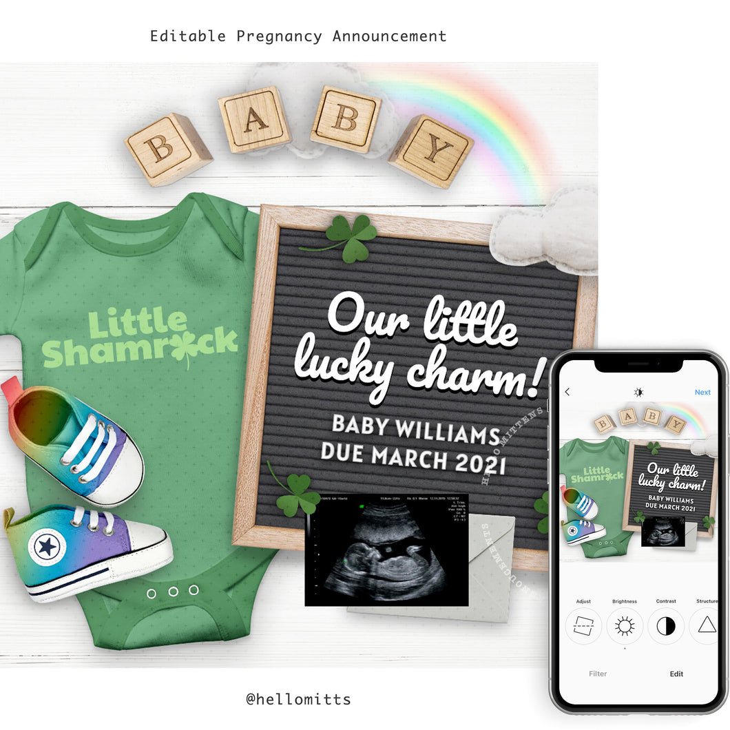 St Patricks Editable pregnancy announcement, Template DIY March baby announce or Gender reveal for social media.