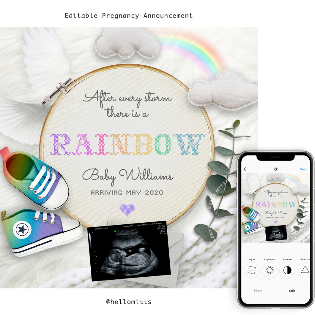 Rainbow baby, Editable pregnancy announcement, Template DIY baby announce or Gender reveal for social media.