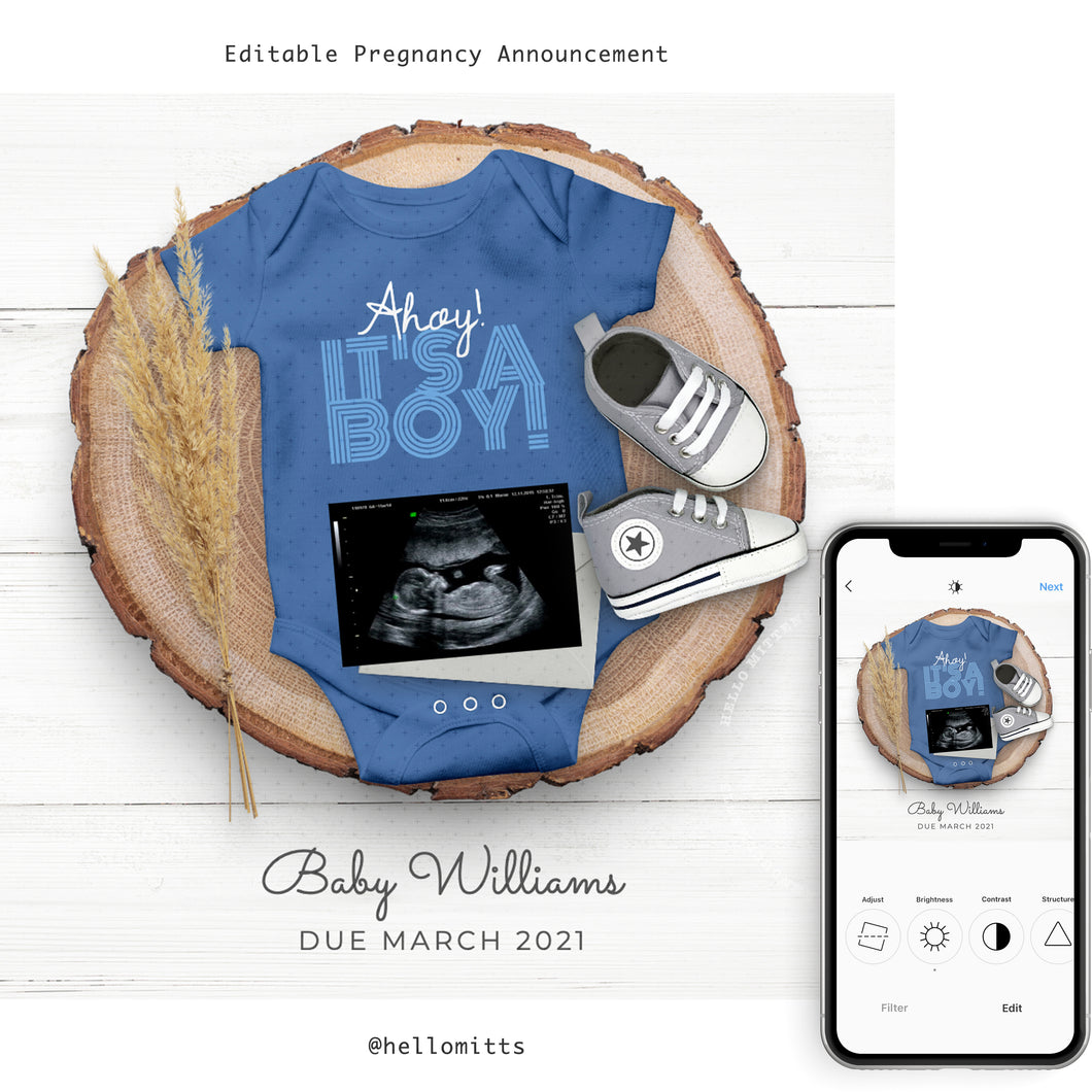 It's a Boy, GENDER REVEAL editable pregnancy announcement, Template DIY baby announce for social media.