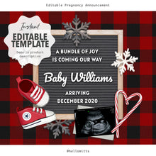 Load image into Gallery viewer, Buffalo Plaid, Winter Editable pregnancy announcement, Template DIY Christmas baby announce or Gender reveal for social media.
