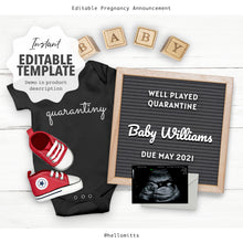Load image into Gallery viewer, Quarantine baby, Editable pregnancy announcement, Template DIY Social Distancing Baby announce or Gender reveal for social media.
