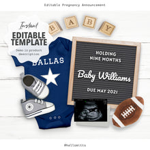 Load image into Gallery viewer, Football Fan, Sports Editable pregnancy announcement, Template DIY baby announce for social media.
