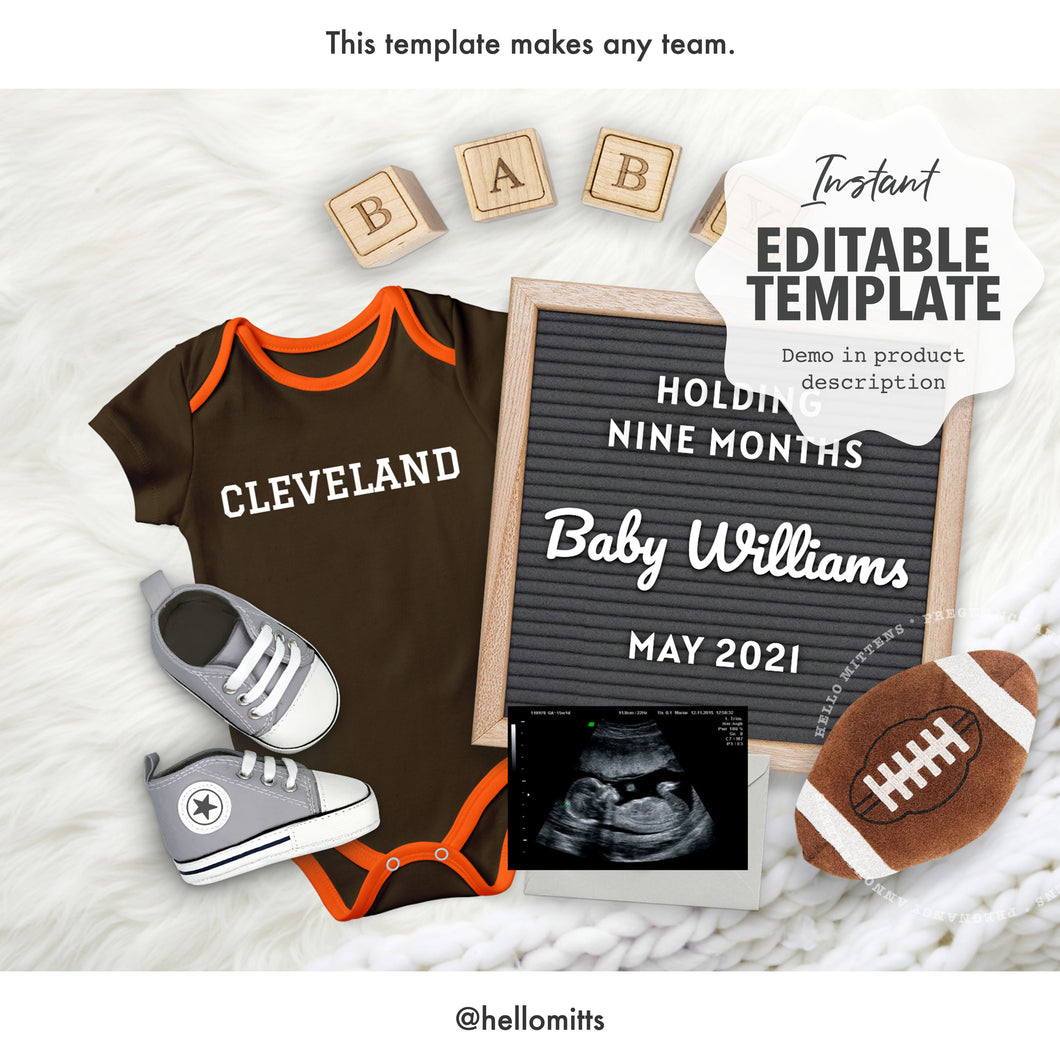 Digital baby announcement / Pregnancy announcement / Editable template / Cleveland football / DIY to share on social media / Makes ANY TEAM