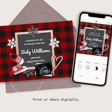 Load image into Gallery viewer, Buffalo Plaid, Winter Editable pregnancy announcement, Template DIY Christmas baby announce or Gender reveal for social media.
